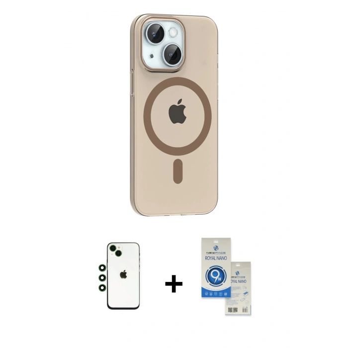 MARSİLYAN™- iPhone 14 Kılıf Pusula Form Özel Seri - Şeffaf Royal Nano Ekran Koruyucu + Shine Kamera Lens - YL