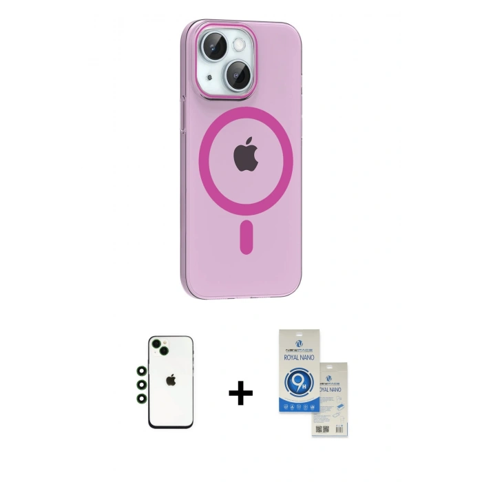 MARSİLYAN™- iPhone 14 Kılıf Pusula Form Özel Seri - Şeffaf Royal Nano Ekran Koruyucu + Shine Kamera Lens - YL