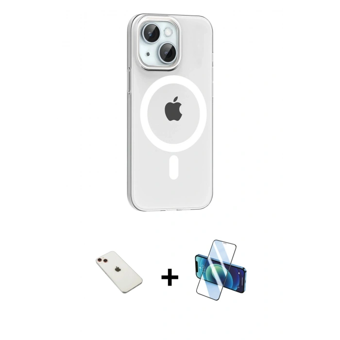MARSİLYAN™- iPhone 14 Kılıf Pusula Form Özel Seri - Siyah 3D Antistatik Cam Ekran Koruyucu + Diamond Kamera Lens - KI