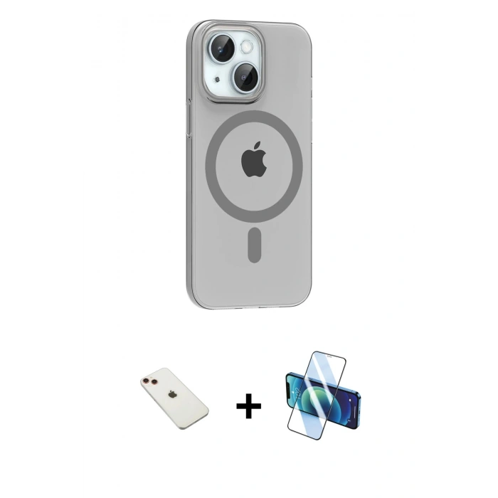 MARSİLYAN™- iPhone 14 Kılıf Pusula Form Özel Seri - Siyah 3D Antistatik Cam Ekran Koruyucu + Diamond Kamera Lens - KI