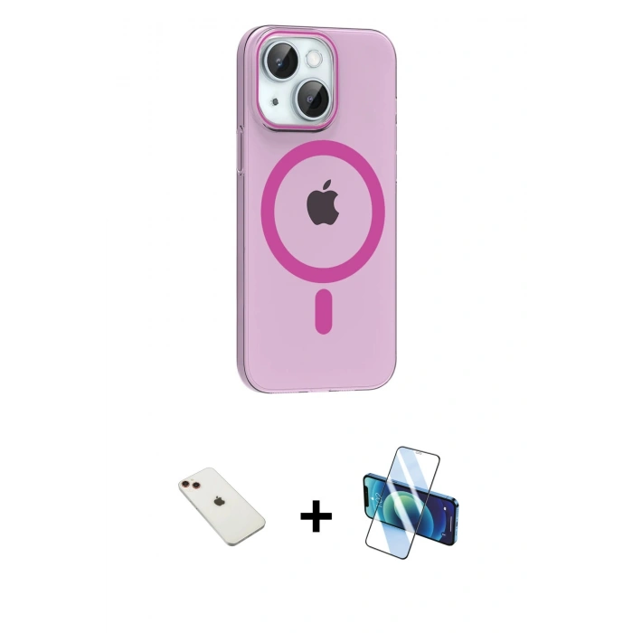 MARSİLYAN™- iPhone 14 Kılıf Pusula Form Özel Seri - Siyah 3D Antistatik Cam Ekran Koruyucu + Diamond Kamera Lens - KI