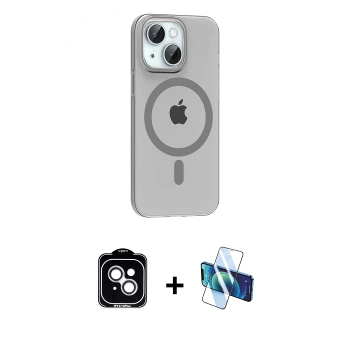 MARSİLYAN™- iPhone 14 Kılıf Pusula Form Özel Seri - Siyah 3D Antistatik Cam Ekran Koruyucu + Gümüş PVD Metal Kamera Lens