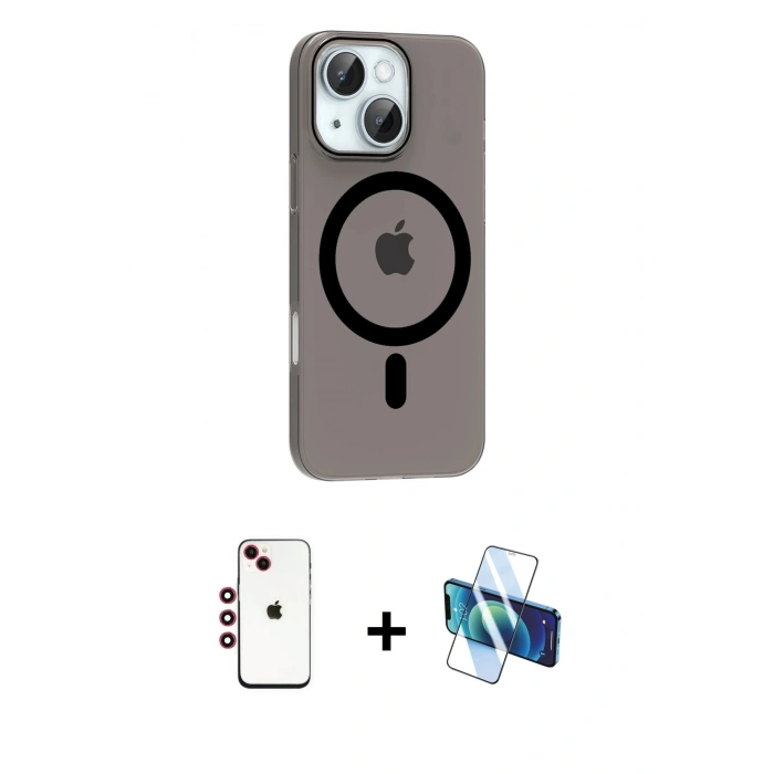 MARSİLYAN™- iPhone 14 Kılıf Pusula Form Özel Seri - Siyah 3D Antistatik Cam Ekran Koruyucu + Shine Kamera Lens - KI