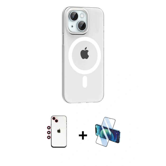 MARSİLYAN™- iPhone 14 Kılıf Pusula Form Özel Seri - Siyah 3D Antistatik Cam Ekran Koruyucu + Shine Kamera Lens - KI