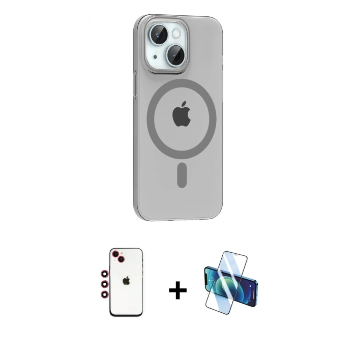 MARSİLYAN™- iPhone 14 Kılıf Pusula Form Özel Seri - Siyah 3D Antistatik Cam Ekran Koruyucu + Shine Kamera Lens - KI
