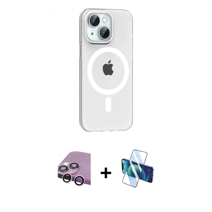 MARSİLYAN™- iPhone 14 Kılıf Pusula Form Özel Seri - Siyah 3D Antistatik Cam Ekran Koruyucu + Mor Raze Metal Kamera Lens
