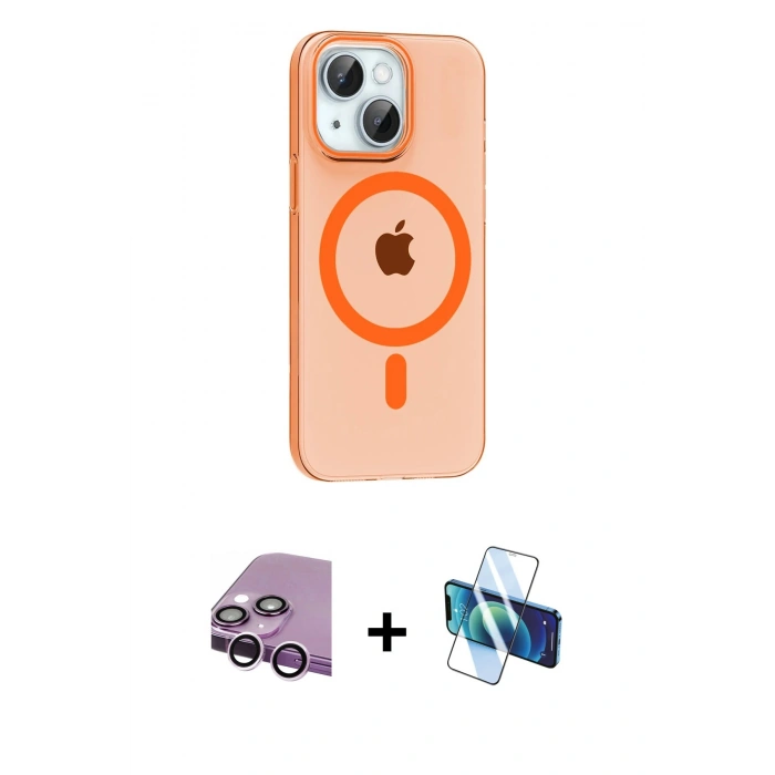 MARSİLYAN™- iPhone 14 Kılıf Pusula Form Özel Seri - Siyah 3D Antistatik Cam Ekran Koruyucu + Mor Raze Metal Kamera Lens