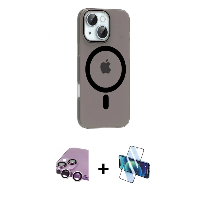MARSİLYAN™- iPhone 14 Kılıf Pusula Form Özel Seri - Siyah 3D Antistatik Cam Ekran Koruyucu + Mor Raze Metal Kamera Lens