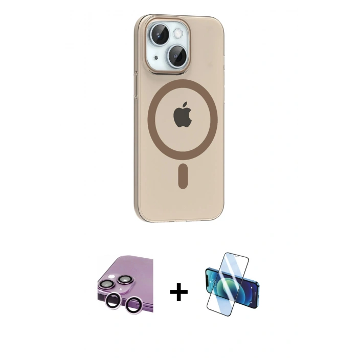 MARSİLYAN™- iPhone 14 Kılıf Pusula Form Özel Seri - Siyah 3D Antistatik Cam Ekran Koruyucu + Mor Raze Metal Kamera Lens