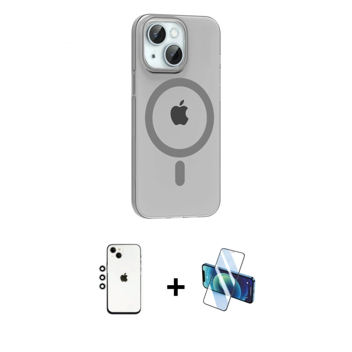 MARSİLYAN™- iPhone 14 Kılıf Pusula Form Özel Seri - Siyah 3D Antistatik Cam Ekran Koruyucu + Shine Kamera Lens - GS
