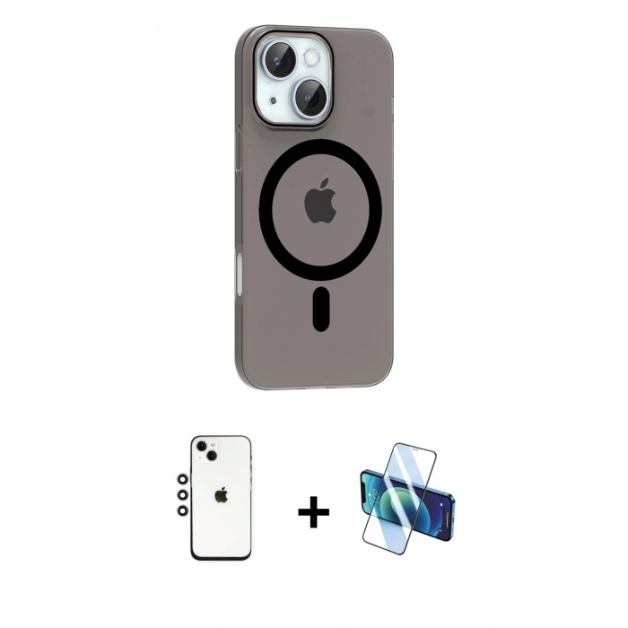 MARSİLYAN™- iPhone 14 Kılıf Pusula Form Özel Seri - Siyah 3D Antistatik Cam Ekran Koruyucu + Shine Kamera Lens - GS