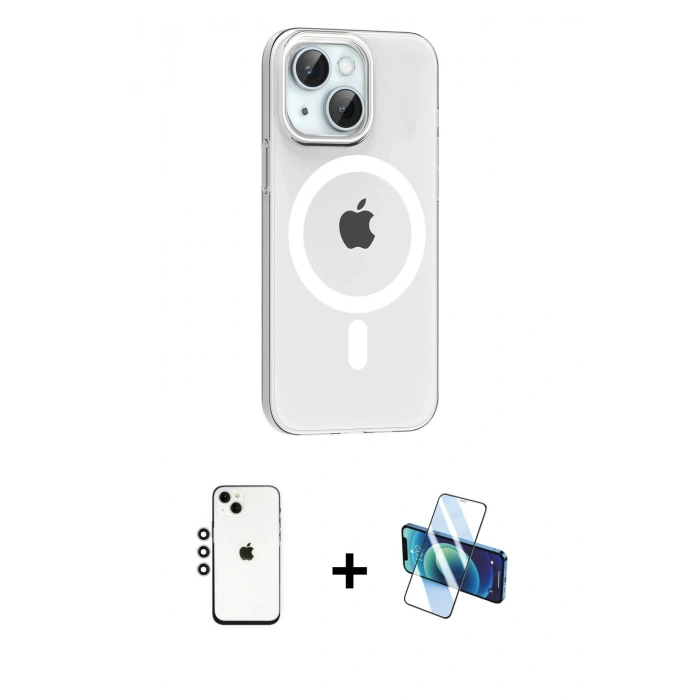 MARSİLYAN™- iPhone 14 Kılıf Pusula Form Özel Seri - Siyah 3D Antistatik Cam Ekran Koruyucu + Shine Kamera Lens - GS