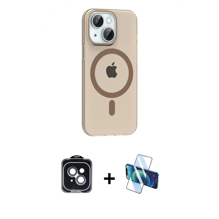 MARSİLYAN™- iPhone 14 Kılıf Pusula Form Özel Seri - Siyah 3D Antistatik Cam Ekran Koruyucu + PVD Metal Kamera Lens - SH