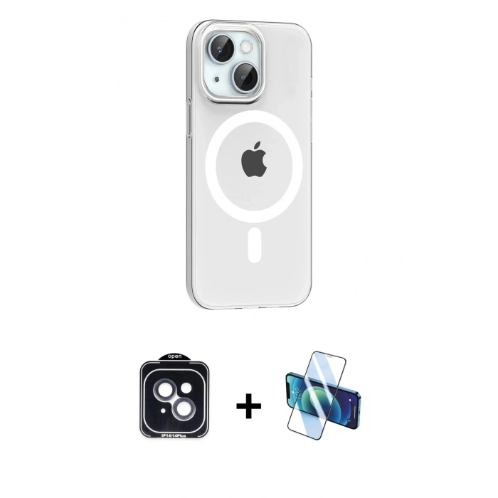 MARSİLYAN™- iPhone 14 Kılıf Pusula Form Özel Seri - Siyah 3D Antistatik Cam Ekran Koruyucu + PVD Metal Kamera Lens - SH