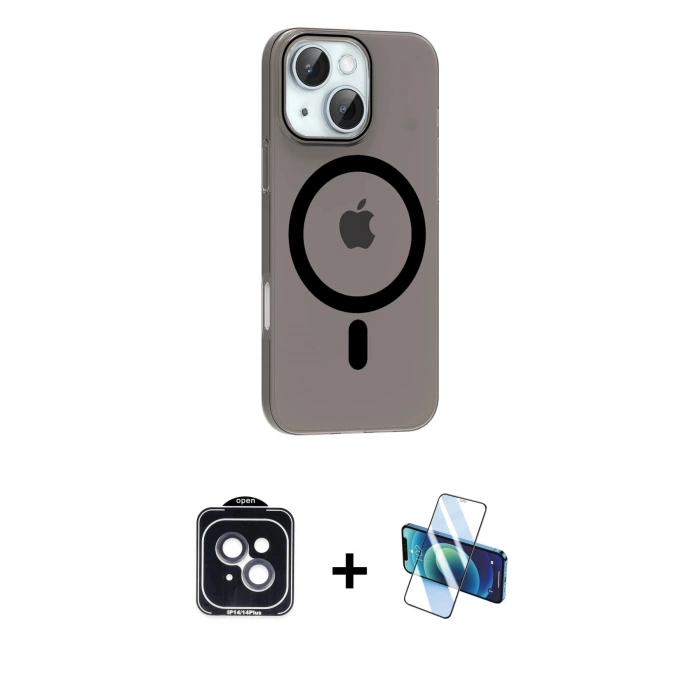MARSİLYAN™- iPhone 14 Kılıf Pusula Form Özel Seri - Siyah 3D Antistatik Cam Ekran Koruyucu + PVD Metal Kamera Lens - SH