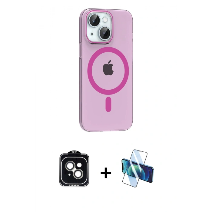 MARSİLYAN™- iPhone 14 Kılıf Pusula Form Özel Seri - Siyah 3D Antistatik Cam Ekran Koruyucu + PVD Metal Kamera Lens - YL