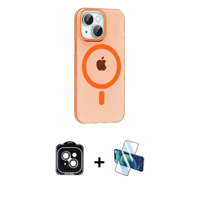MARSİLYAN™- iPhone 14 Kılıf Pusula Form Özel Seri - Siyah 3D Antistatik Cam Ekran Koruyucu + PVD Metal Kamera Lens - YL