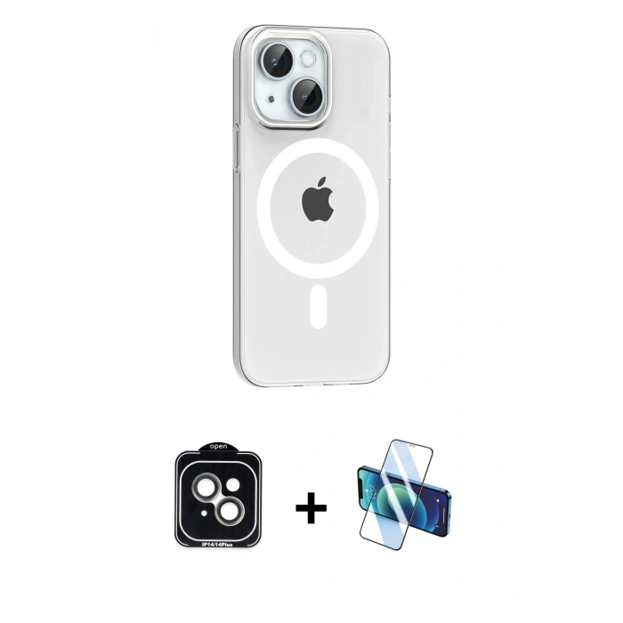 MARSİLYAN™- iPhone 14 Kılıf Pusula Form Özel Seri - Siyah 3D Antistatik Cam Ekran Koruyucu + PVD Metal Kamera Lens - YL
