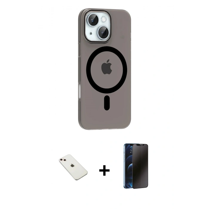 MARSİLYAN™- iPhone 14 Kılıf Pusula Form Özel Seri - Siyah 3D Antistatik Hayalet Cam Ekran Koruyucu + Diamond Kamera Lens - PE