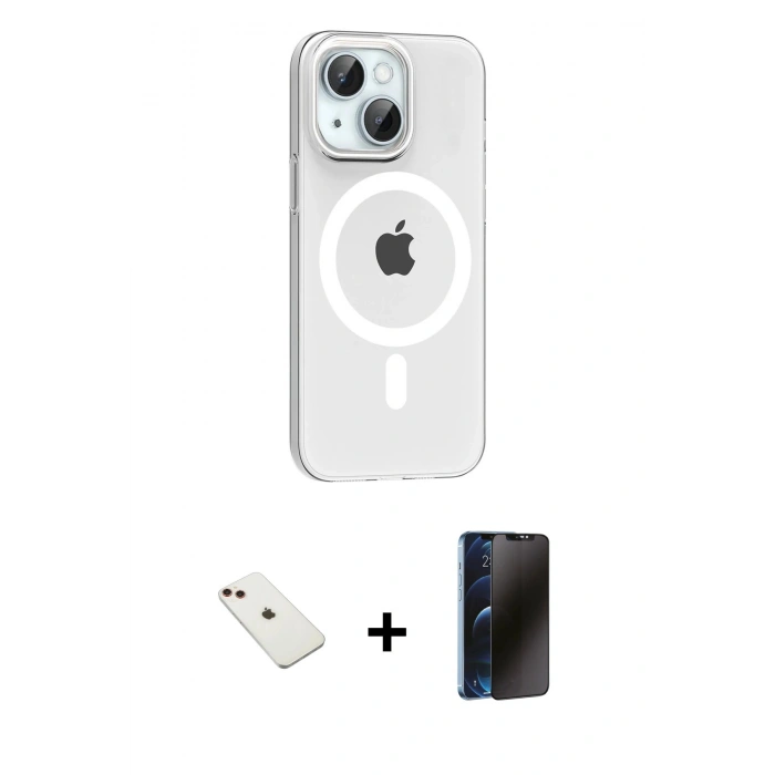 MARSİLYAN™- iPhone 14 Kılıf Pusula Form Özel Seri - Siyah 3D Antistatik Hayalet Cam Ekran Koruyucu + Diamond Kamera Lens - KI