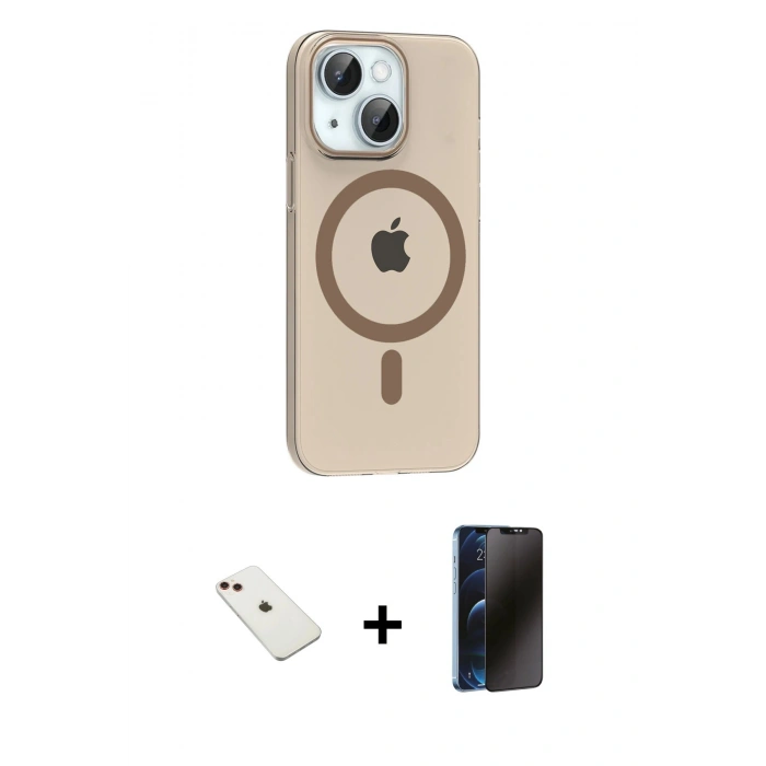 MARSİLYAN™- iPhone 14 Kılıf Pusula Form Özel Seri - Siyah 3D Antistatik Hayalet Cam Ekran Koruyucu + Diamond Kamera Lens - KI