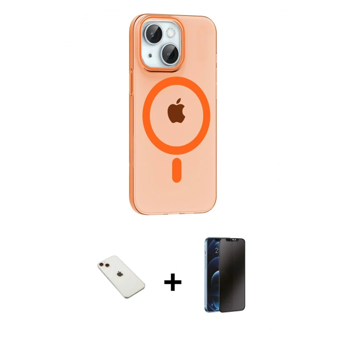 MARSİLYAN™- iPhone 14 Kılıf Pusula Form Özel Seri - Siyah 3D Antistatik Hayalet Cam Ekran Koruyucu + Diamond Kamera Lens - KI