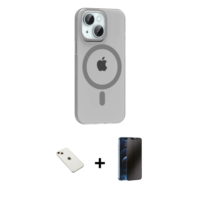 MARSİLYAN™- iPhone 14 Kılıf Pusula Form Özel Seri - Siyah 3D Antistatik Hayalet Cam Ekran Koruyucu + Diamond Kamera Lens - KI
