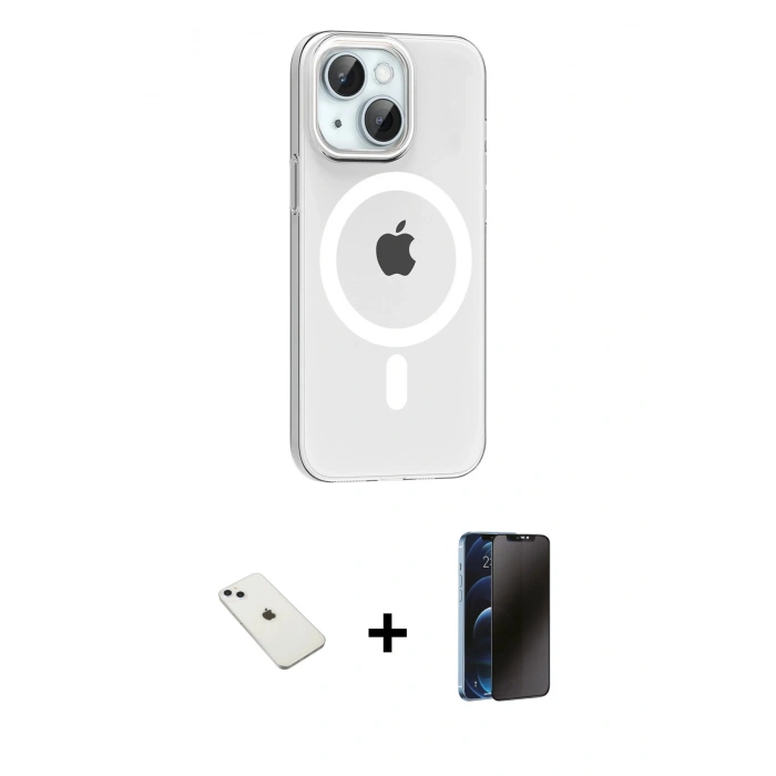 MARSİLYAN™- iPhone 14 Kılıf Pusula Form Özel Seri - Siyah 3D Antistatik Hayalet Cam Ekran Koruyucu + Diamond Kamera Lens - SABE