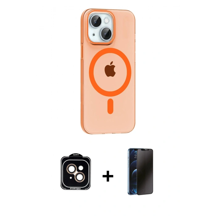 MARSİLYAN™- iPhone 14 Kılıf Pusula Form Özel Seri - Siyah 3D Antistatik Hayalet Cam Ekran Koruyucu + PVD Metal Kamera Lens - TU