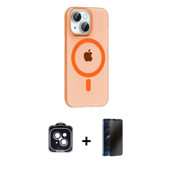MARSİLYAN™- iPhone 14 Kılıf Pusula Form Özel Seri - Siyah 3D Antistatik Hayalet Cam Ekran Koruyucu + PVD Metal Kamera Lens - SH