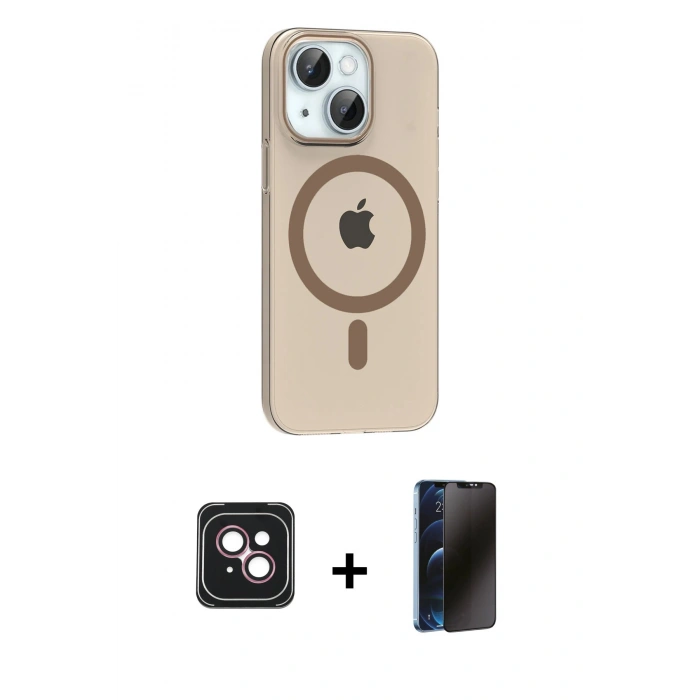MARSİLYAN™- iPhone 14 Kılıf Pusula Form Özel Seri - Siyah 3D Antistatik Hayalet Cam Ekran Koruyucu + PVD Metal Kamera Lens - PE