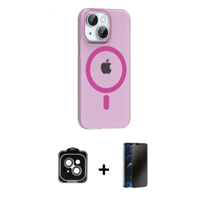 MARSİLYAN™- iPhone 14 Kılıf Pusula Form Özel Seri - Siyah 3D Antistatik Hayalet Cam Ekran Koruyucu + PVD Metal Kamera Lens - YL
