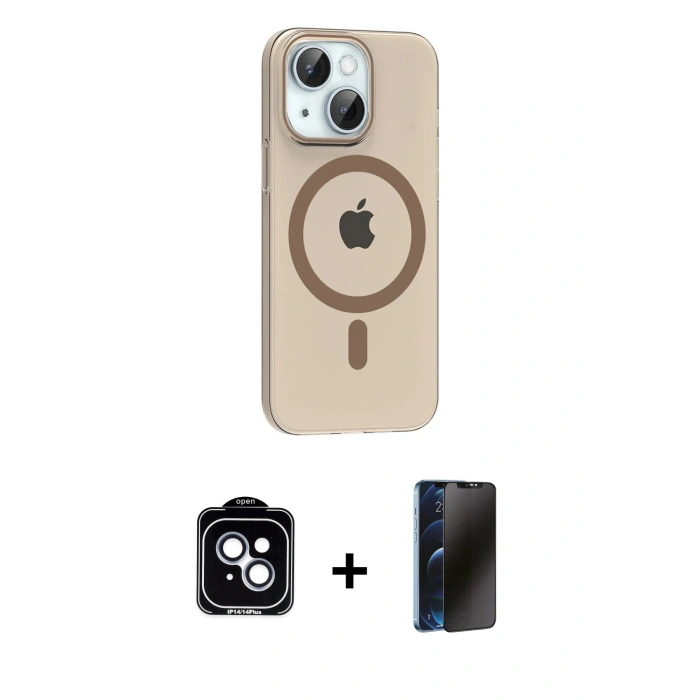 MARSİLYAN™- iPhone 14 Kılıf Pusula Form Özel Seri - Siyah 3D Antistatik Hayalet Cam Ekran Koruyucu + PVD Metal Kamera Lens - MI
