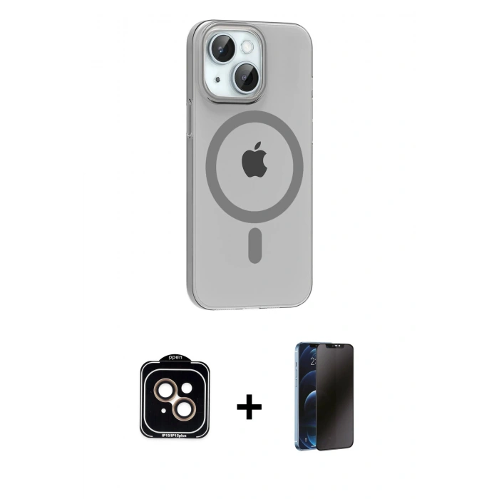 MARSİLYAN™- iPhone 14 Kılıf Pusula Form Özel Seri - Siyah 3D Antistatik Hayalet Cam Ekran Koruyucu + PVD Metal Kamera Lens - TU