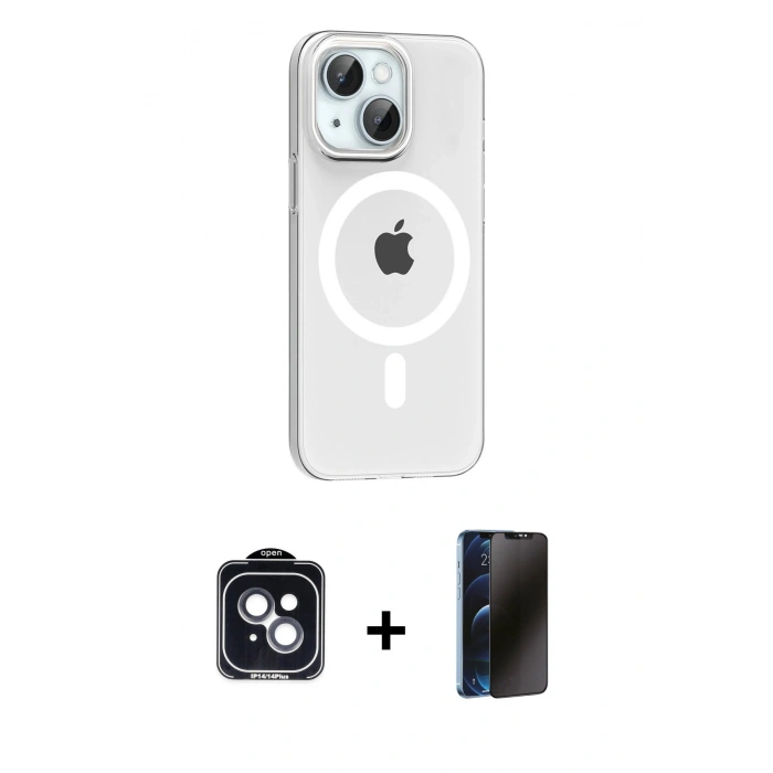 MARSİLYAN™- iPhone 14 Kılıf Pusula Form Özel Seri - Siyah 3D Antistatik Hayalet Cam Ekran Koruyucu + PVD Metal Kamera Lens - SH