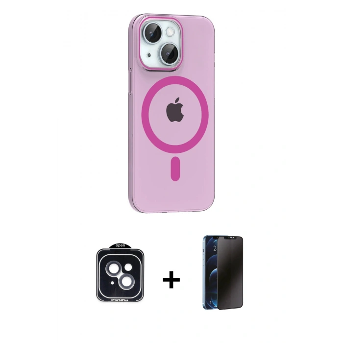 MARSİLYAN™- iPhone 14 Kılıf Pusula Form Özel Seri - Siyah 3D Antistatik Hayalet Cam Ekran Koruyucu + PVD Metal Kamera Lens - SH