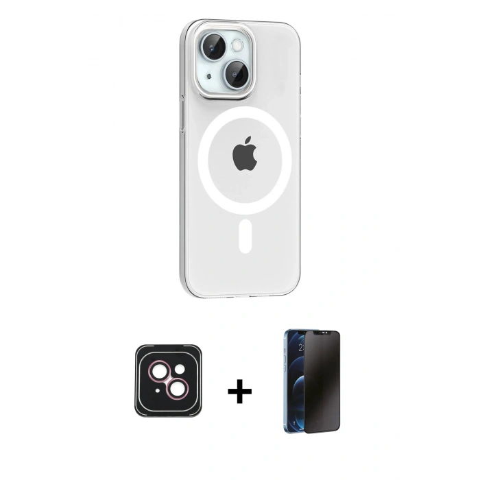 MARSİLYAN™- iPhone 14 Kılıf Pusula Form Özel Seri - Siyah 3D Antistatik Hayalet Cam Ekran Koruyucu + PVD Metal Kamera Lens - PE