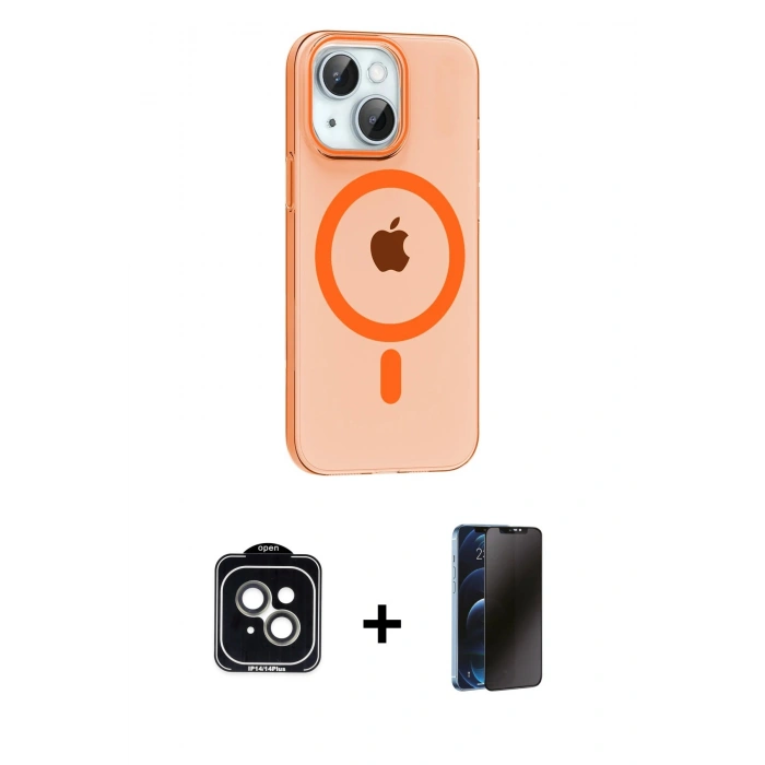 MARSİLYAN™- iPhone 14 Kılıf Pusula Form Özel Seri - Siyah 3D Antistatik Hayalet Cam Ekran Koruyucu + PVD Metal Kamera Lens - YL