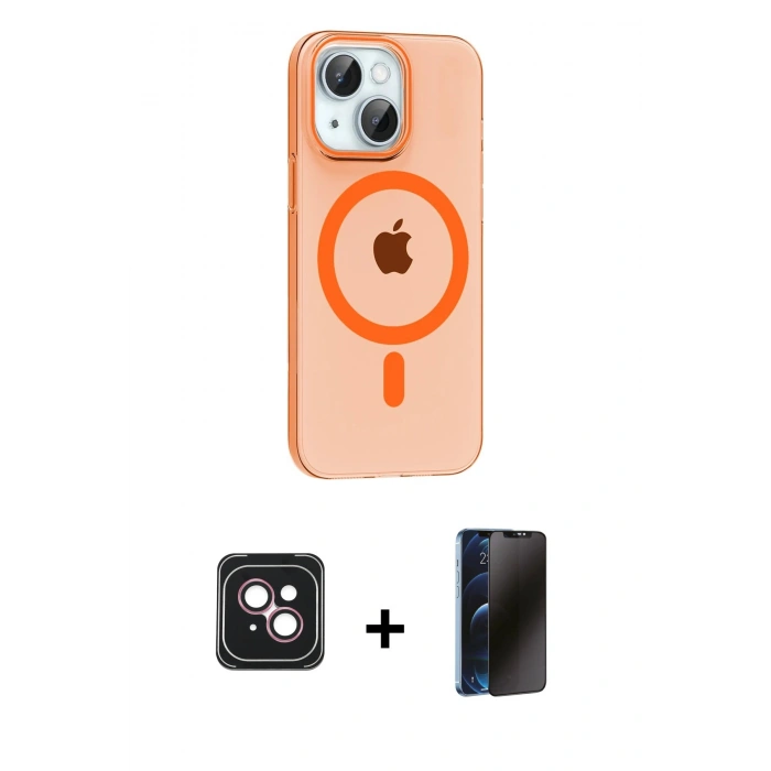 MARSİLYAN™- iPhone 14 Kılıf Pusula Form Özel Seri - Siyah 3D Antistatik Hayalet Cam Ekran Koruyucu + PVD Metal Kamera Lens - PE