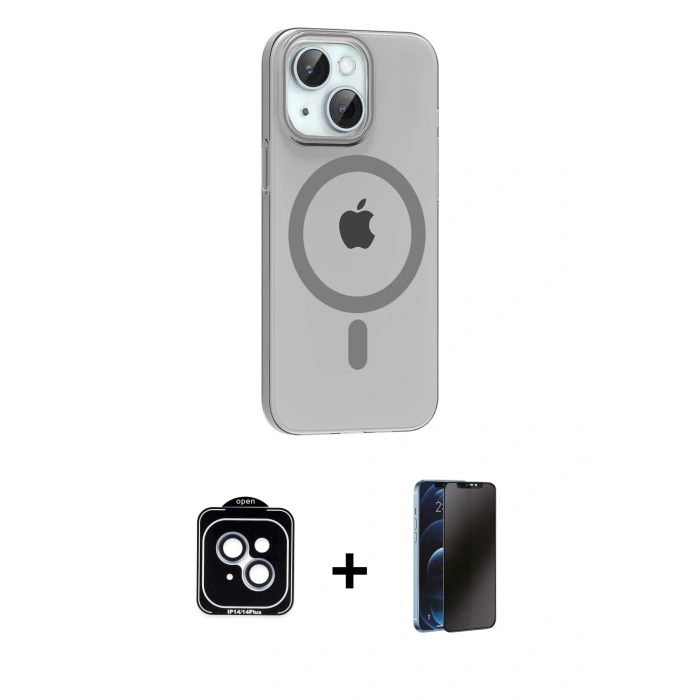 MARSİLYAN™- iPhone 14 Kılıf Pusula Form Özel Seri - Siyah 3D Antistatik Hayalet Cam Ekran Koruyucu + PVD Metal Kamera Lens - MI