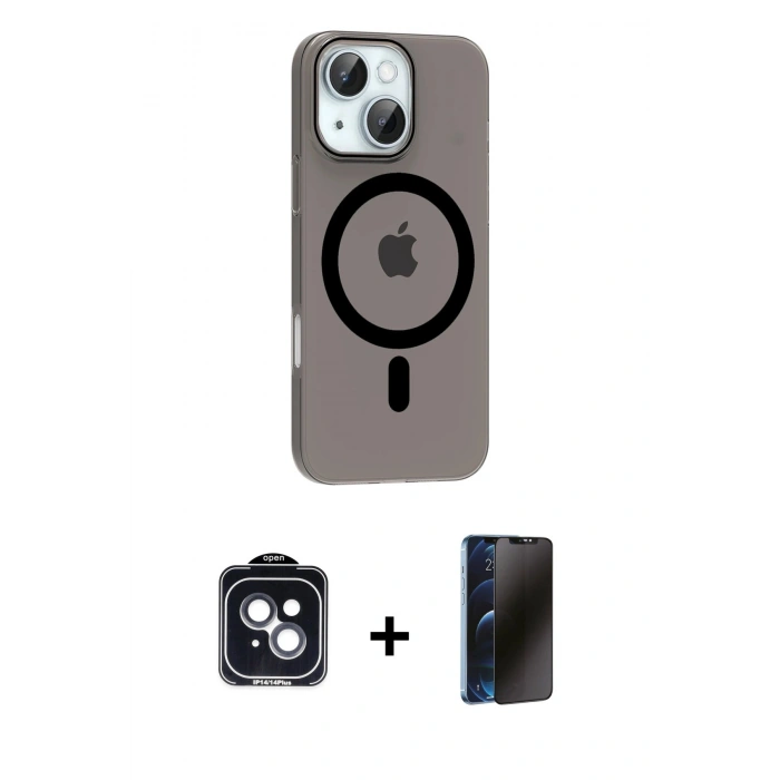 MARSİLYAN™- iPhone 14 Kılıf Pusula Form Özel Seri - Siyah 3D Antistatik Hayalet Cam Ekran Koruyucu + PVD Metal Kamera Lens - SH