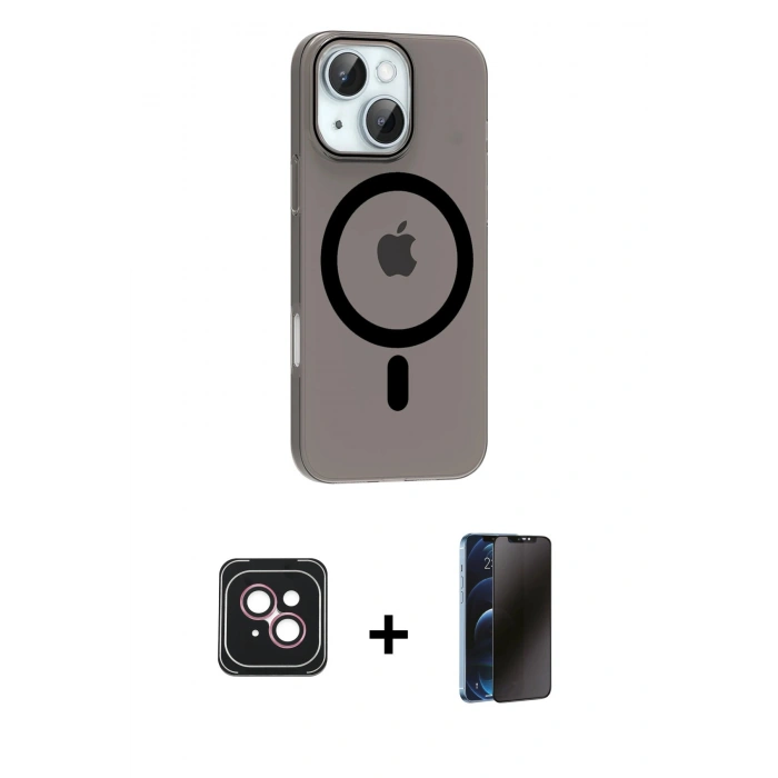MARSİLYAN™- iPhone 14 Kılıf Pusula Form Özel Seri - Siyah 3D Antistatik Hayalet Cam Ekran Koruyucu + PVD Metal Kamera Lens - PE