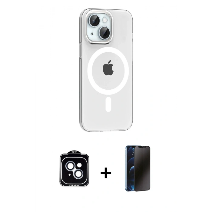 MARSİLYAN™- iPhone 14 Kılıf Pusula Form Özel Seri - Siyah 3D Antistatik Hayalet Cam Ekran Koruyucu + PVD Metal Kamera Lens - MI