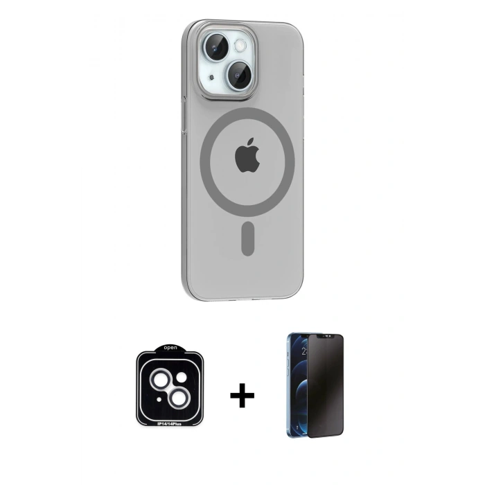 MARSİLYAN™- iPhone 14 Kılıf Pusula Form Özel Seri - Siyah 3D Antistatik Hayalet Cam Ekran Koruyucu + PVD Metal Kamera Lens - GS