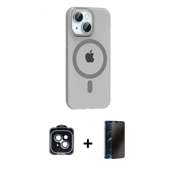 MARSİLYAN™- iPhone 14 Kılıf Pusula Form Özel Seri - Siyah 3D Antistatik Hayalet Cam Ekran Koruyucu + PVD Metal Kamera Lens - SH