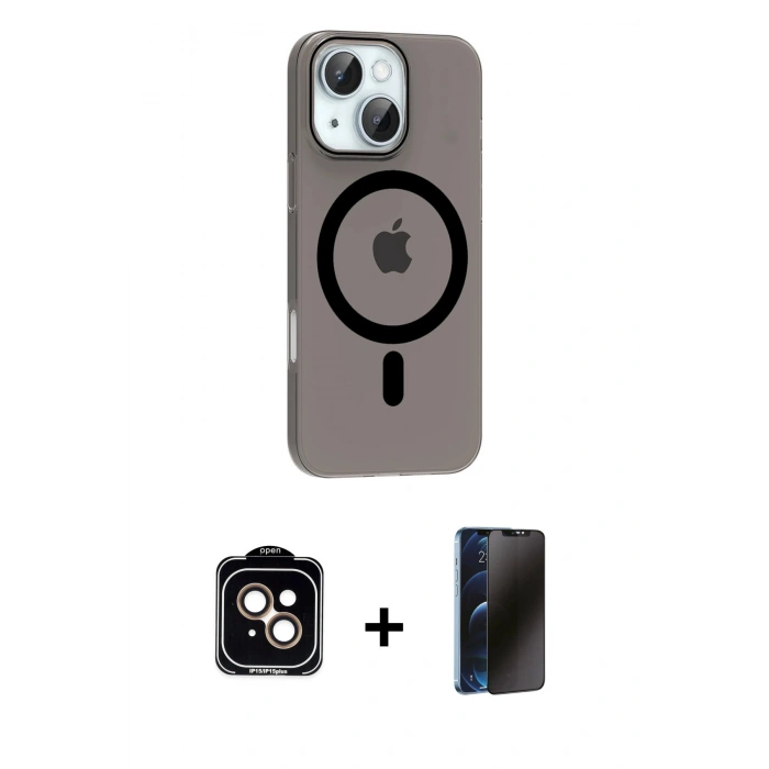MARSİLYAN™- iPhone 14 Kılıf Pusula Form Özel Seri - Siyah 3D Antistatik Hayalet Cam Ekran Koruyucu + PVD Metal Kamera Lens - TU