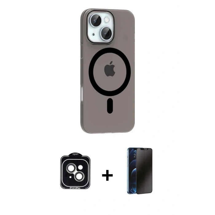 MARSİLYAN™- iPhone 14 Kılıf Pusula Form Özel Seri - Siyah 3D Antistatik Hayalet Cam Ekran Koruyucu + PVD Metal Kamera Lens - YL