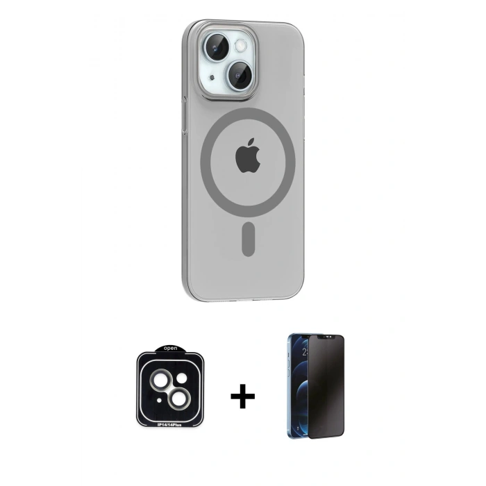 MARSİLYAN™- iPhone 14 Kılıf Pusula Form Özel Seri - Siyah 3D Antistatik Hayalet Cam Ekran Koruyucu + PVD Metal Kamera Lens - YL