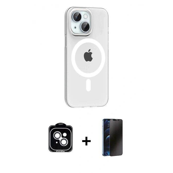 MARSİLYAN™- iPhone 14 Kılıf Pusula Form Özel Seri - Siyah 3D Antistatik Hayalet Cam Ekran Koruyucu + PVD Metal Kamera Lens - GS
