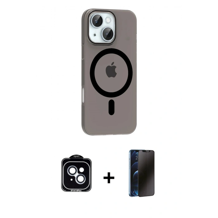 MARSİLYAN™- iPhone 14 Kılıf Pusula Form Özel Seri - Siyah 3D Antistatik Hayalet Cam Ekran Koruyucu + PVD Metal Kamera Lens - MI